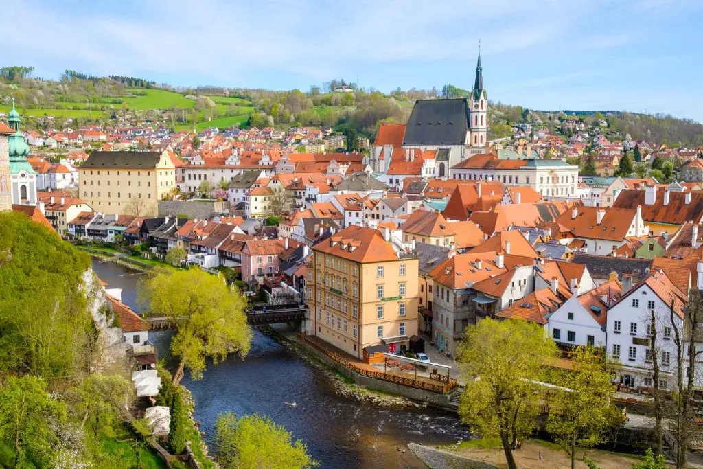 Panoramic view of Cesky Krumlov and river Vltava in the South Bohemian region, Czech Republic.